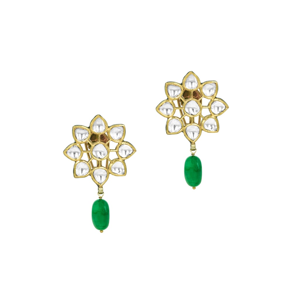 Floral Polki Earrings with Emerald Drops